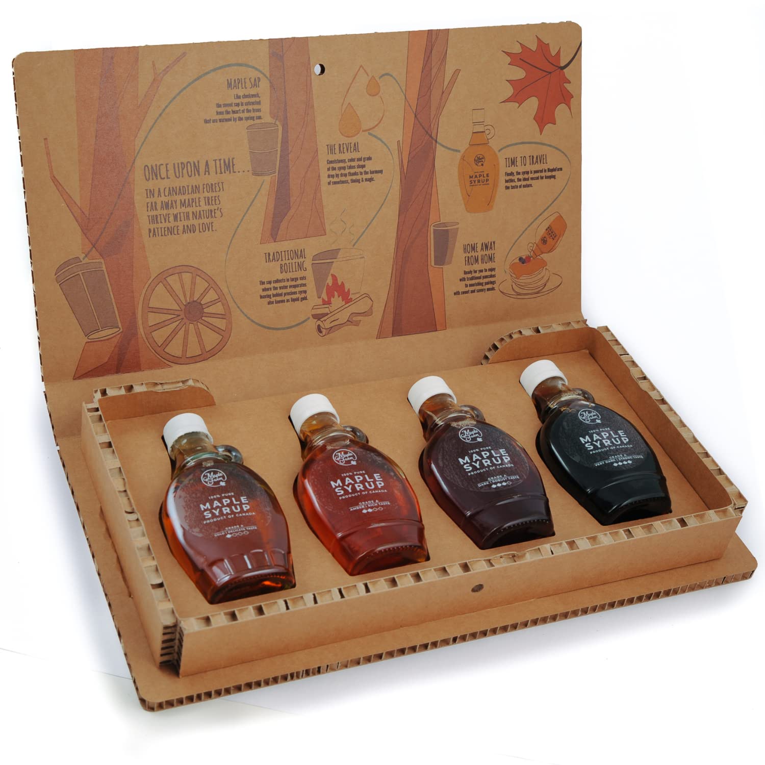 MapleFarm - Sirop d'érable pur dans une boîte-cadeau. Pack dégustation 4 variantes : DORÉ - AMBRE - FONCÉ - TRÈS FONCÉ. Coffret cadeau illustré.