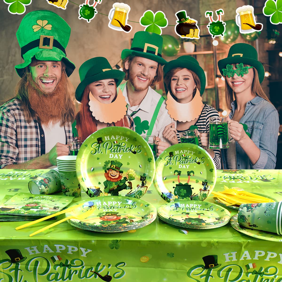 St. Patrick's Day Party Set – Für 24 Gäste – Inkl. Teller, Becher, Servietten, Tischdecke & Girlande – Kleeblatt-Design