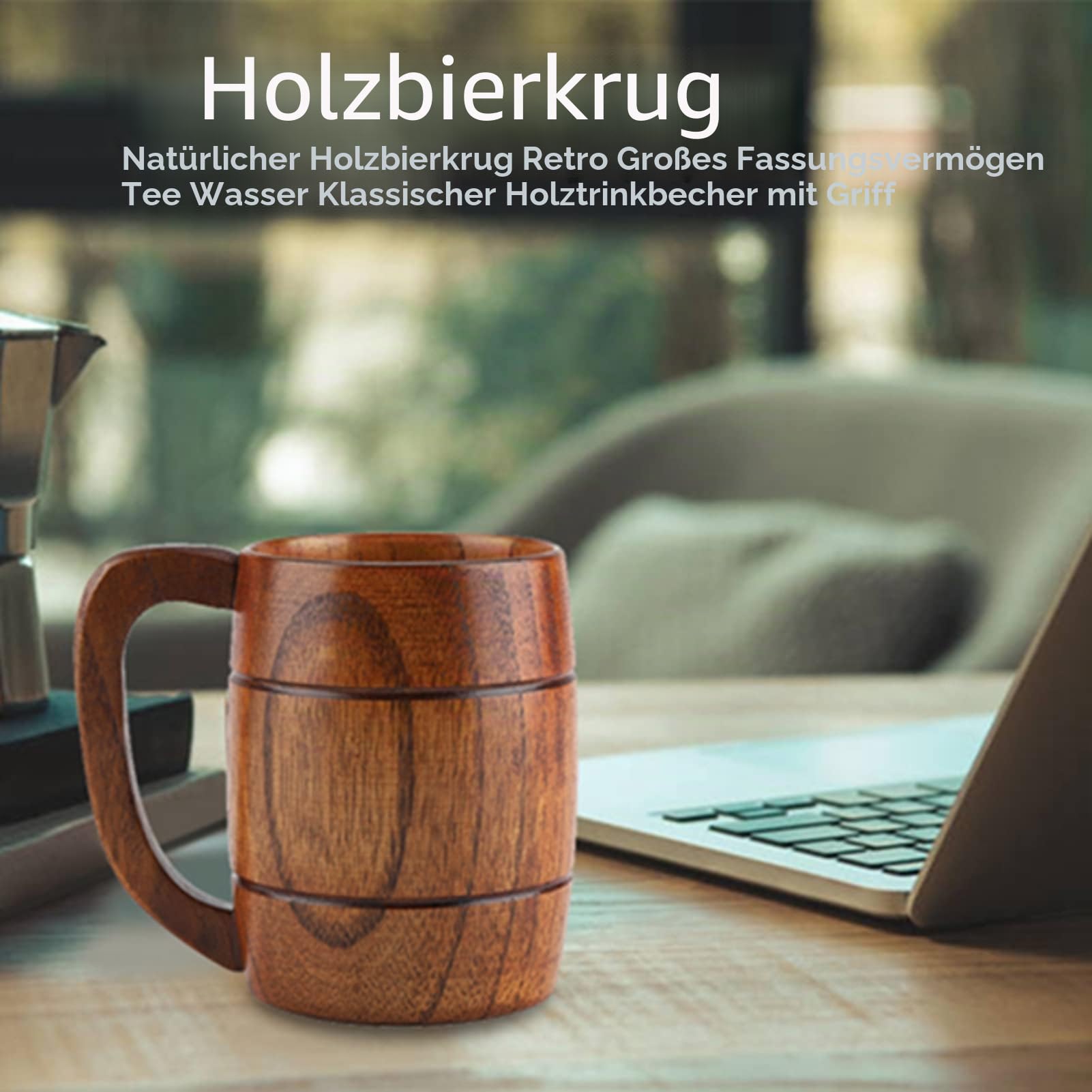 Akozon Holz-Bierkrug, Retro-Naturholz-Bier Großes Fassungsvermögen Natürliches Teewasser Klassischer Trinkbecher mit Griff Großes Fassungsvermögen 550 ml Retro-Getränk-Trinkwasser mit Griff Geeignet
