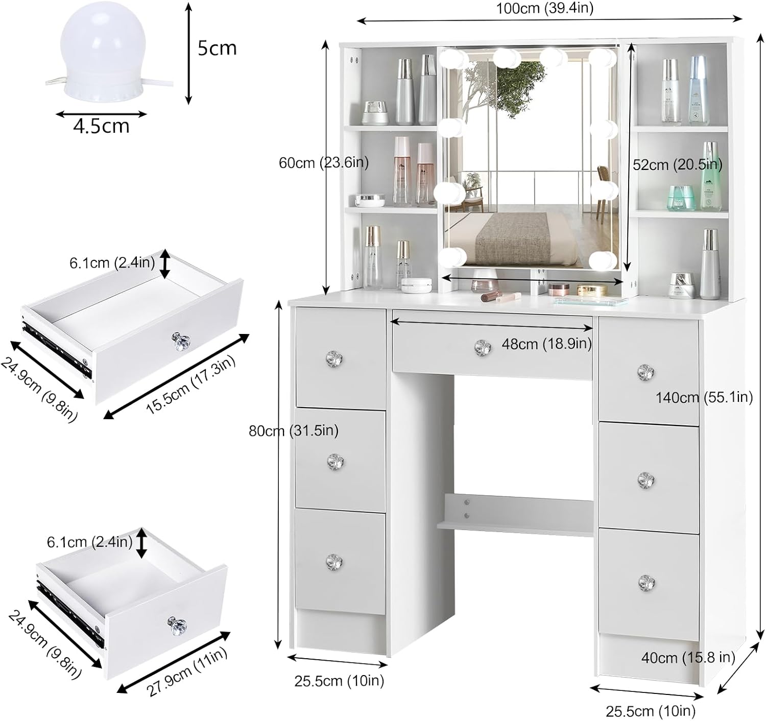 White Vanity Desk with Mirror,Make up Vanity with 7 Drawers 10 Shelves & Open LED Mirror,3 Modes Light Adjustable,Vanity Desk for Bedroom,White,39.5" L*15.8" W*55.2" H.