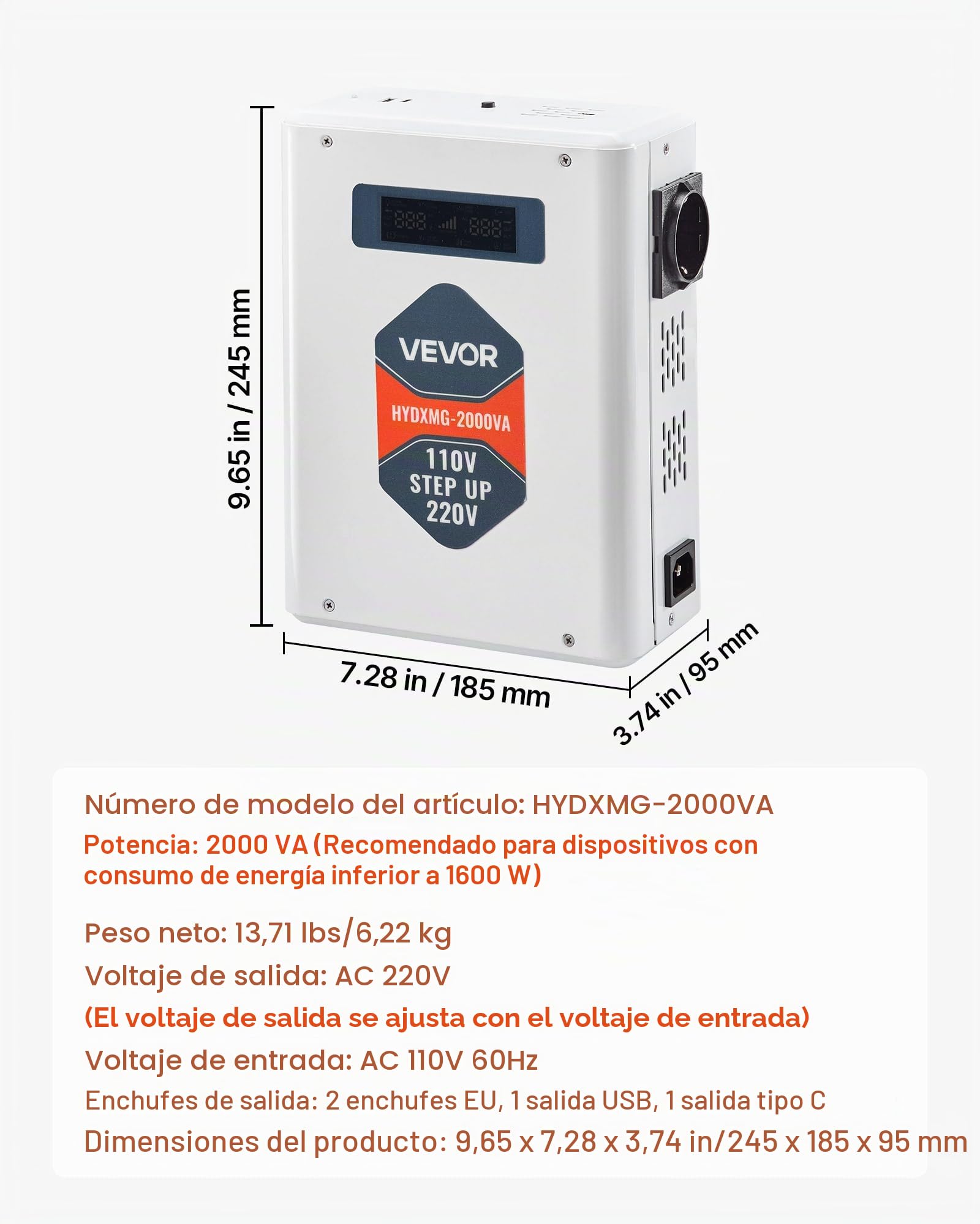 VEVOR Convertidor Elevador de Voltaje 2000 VA, de 110 V a 220 V, con 2 Tomas de Corriente de la UE, Salida USB, Pantalla LCD, Protección de Temperatura, para Electrodomésticos de 220 V, Blanco