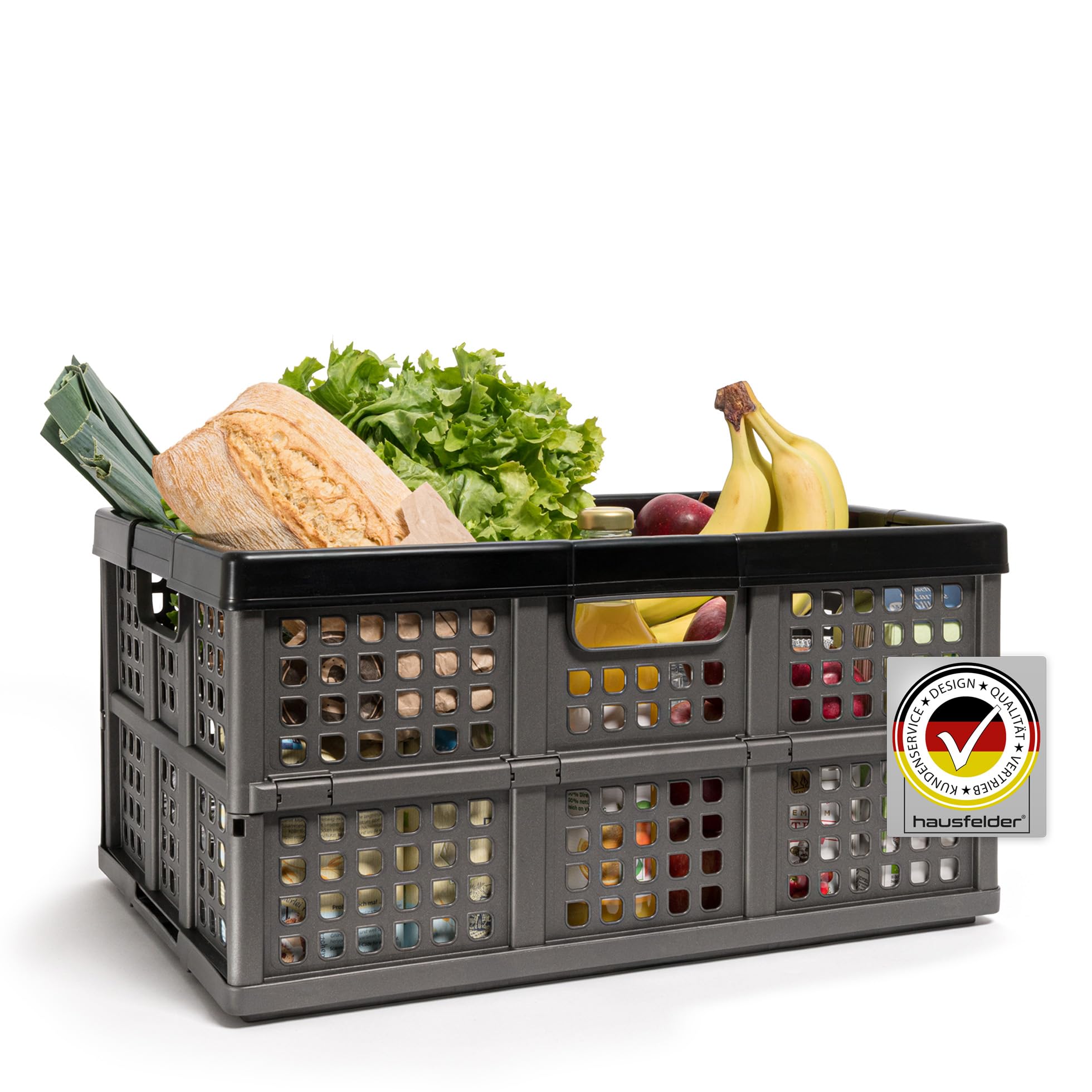 Hausfelder Klappbox faltbar 45 l, 1er Set, Schwarz | Faltbare Klappkiste & Einkaufskorb aus Kunststoff, stabil, für Auto und Haushalt, Anthrazit-Schwarz, 45 l