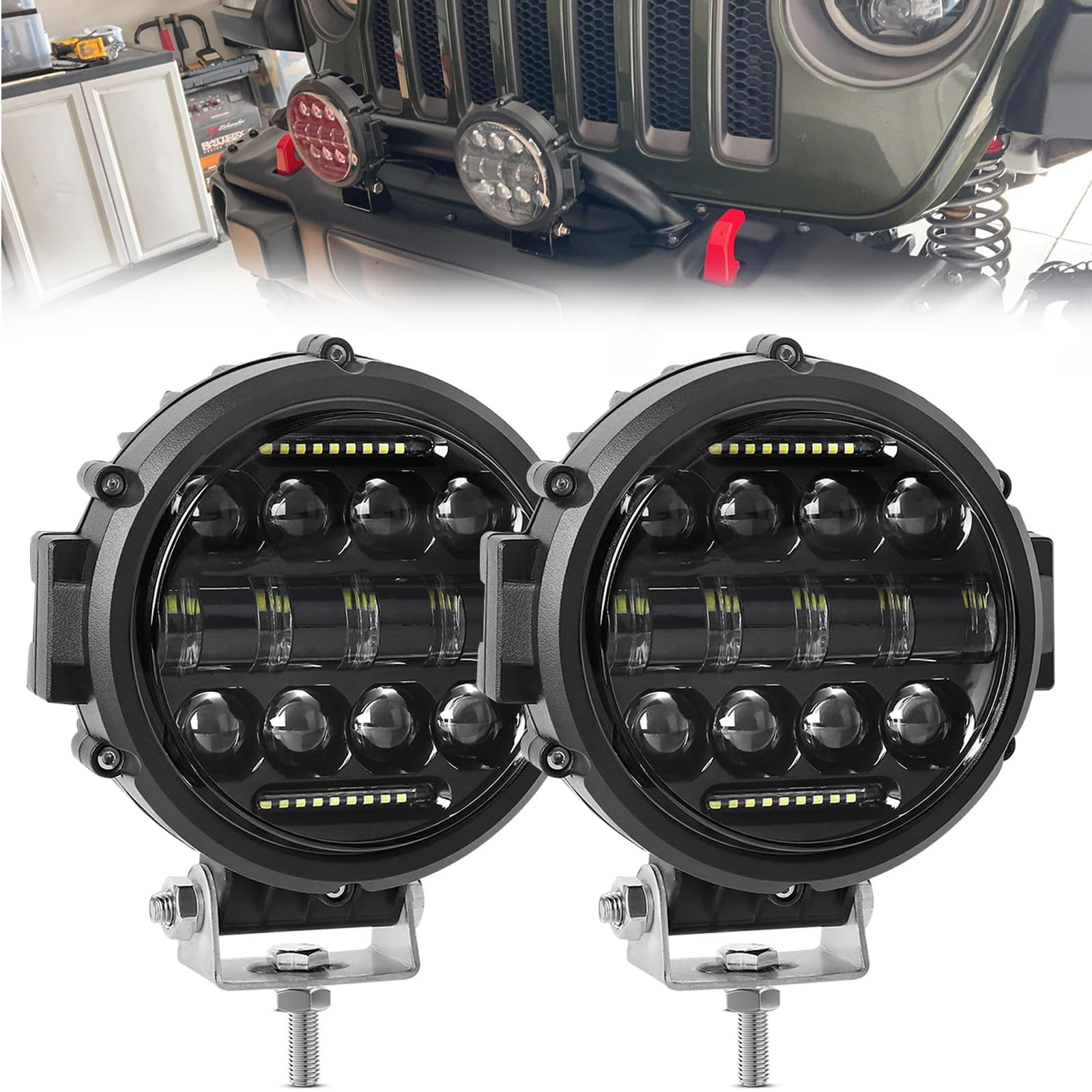 Chelhead Round LED Off Road Lights 51W Spot Combo Beam LED Fog Lamps with Daytime Running Light, 2PCS Off Road Driving Lamp for Truck Pickup SUV ATV UTV 4X4 Motorcycles