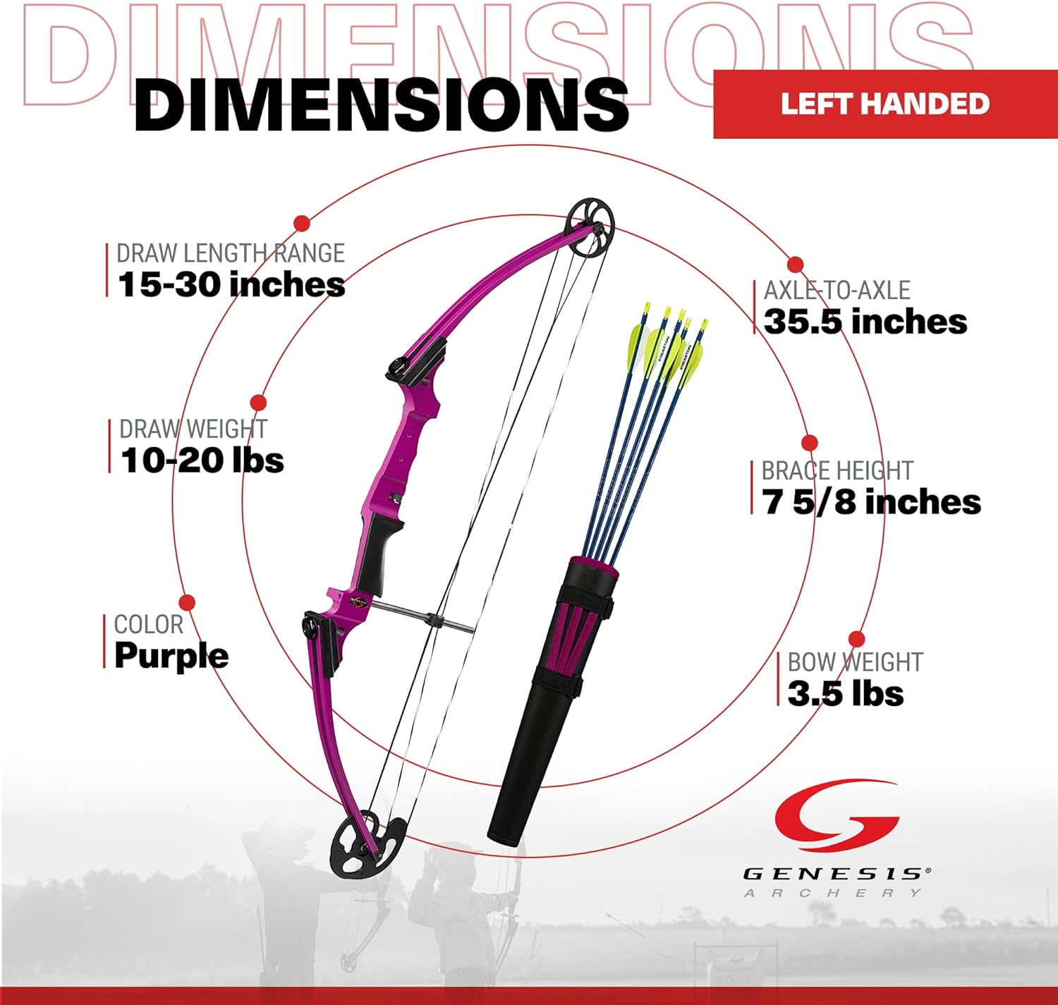 Genesis Archery Compound Bow Archery Kit w/Adjustable Draw Length 15" to 30" & Adjustable Draw Weight 10 to 20 Pounds for Left-Handed, Purple (4 Pack)