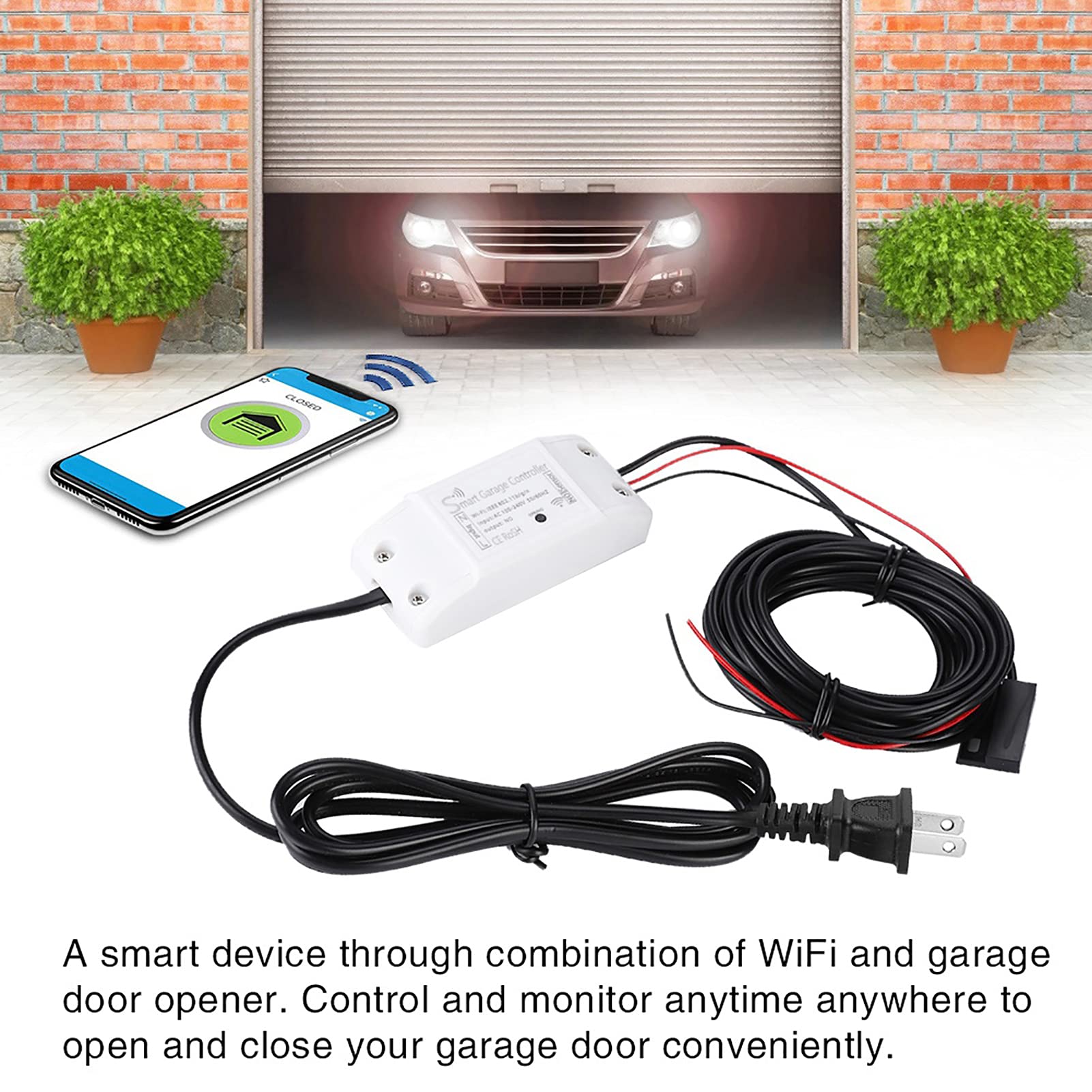 Tiiyee Contrôleur de Porte de Garage Intelligent, ouvre Porte à Distance Wi FI Universel Compatible avec Plusieurs Modes de Notification, système de sécurité de Porte sans clé.(100 240V EU Plug)