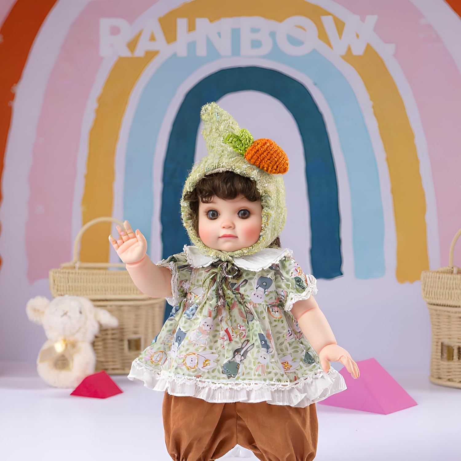 Reborn Baby Doll, Lifelike Realistic Baby Doll with Green Carrot Hat and Cute Outfit, 18inch Soft Vinyl Doll for 3+Years Old and Collectors