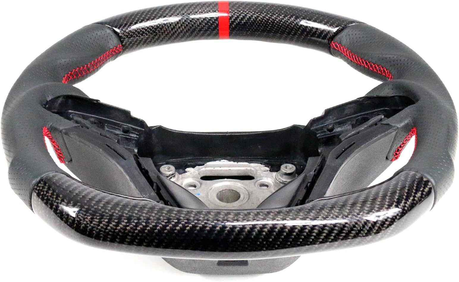 IKON MOTORSPORTS, Steering Wheel Compatible With 2012-2015 Chevy Camaro, Black Carbon Fiber & Perforated Leather Steering Wheel Brushed Kit With Red Stitching Red Indicator