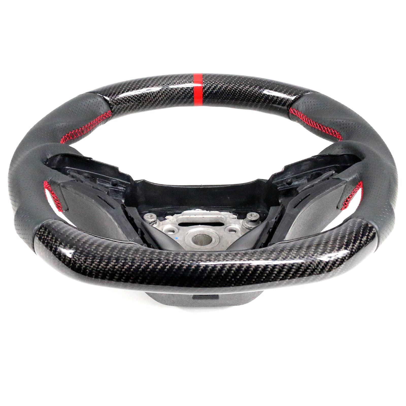 IKON MOTORSPORTS, Steering Wheel Compatible With 2012-2015 Chevy Camaro, Black Carbon Fiber & Perforated Leather Steering Wheel Brushed Kit With Red Stitching Red Indicator