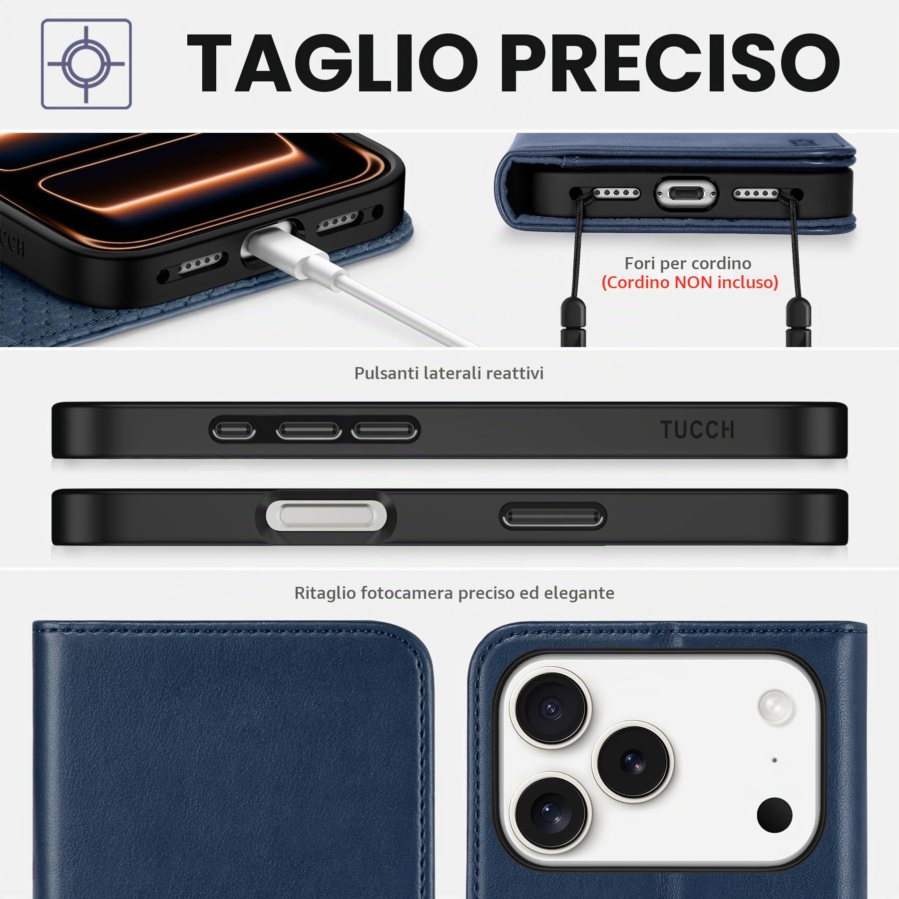 TUCCH Custodia Libro per iPhone 17 Pro 6,3" 5G 2025, Blu | RFID Blocking, Portafoglio Pelle Sintetica TPU, Flip Caso Libro, Funzione Supporto, 3 Slot per Schede