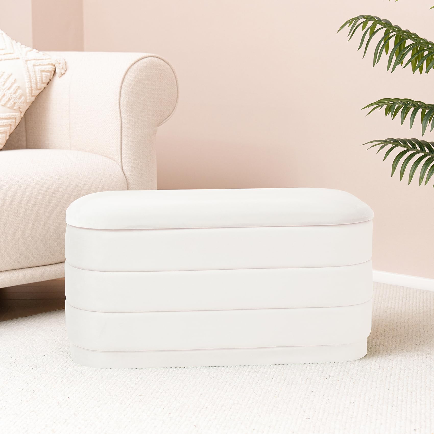 Bonlife Sitzbank mit Stauraum, Samt Klappbare Fußstütze mit Tisch, Bettende, Fußhocker für Wohnzimmer, Schlafzimmer, Flur, weißer Samt,76x38x38cm