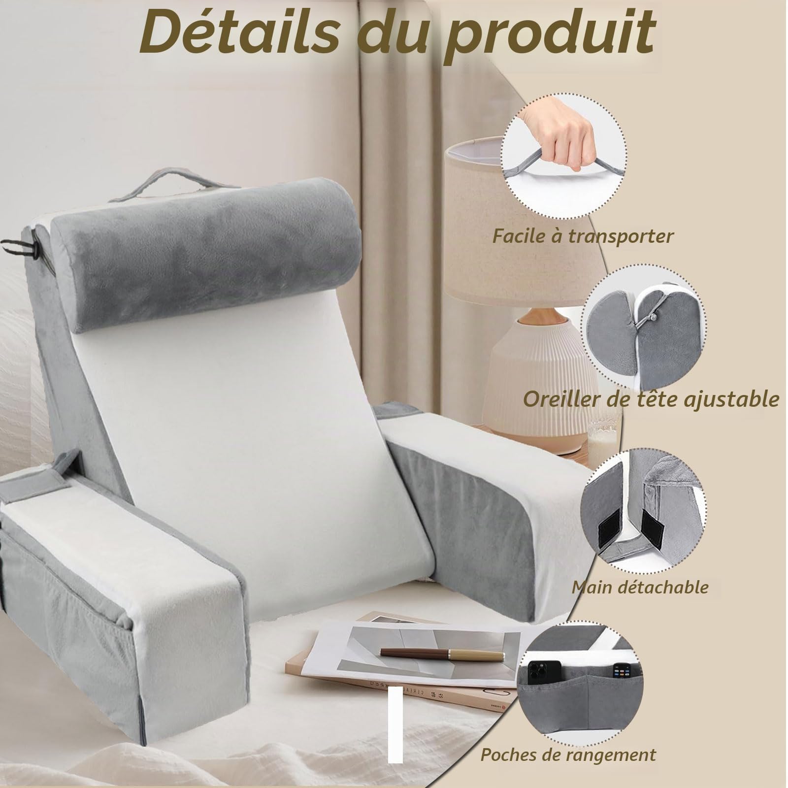 Coussin de Lecture pour lit et canapé, Coussin de Dos avec Soutien des Bras et Poches, Coussin de Dos pour Adulte, Coussin Dorsal Dossier Canapé, Oreiller de Lecture en Mousse à Mémoire de Forme
