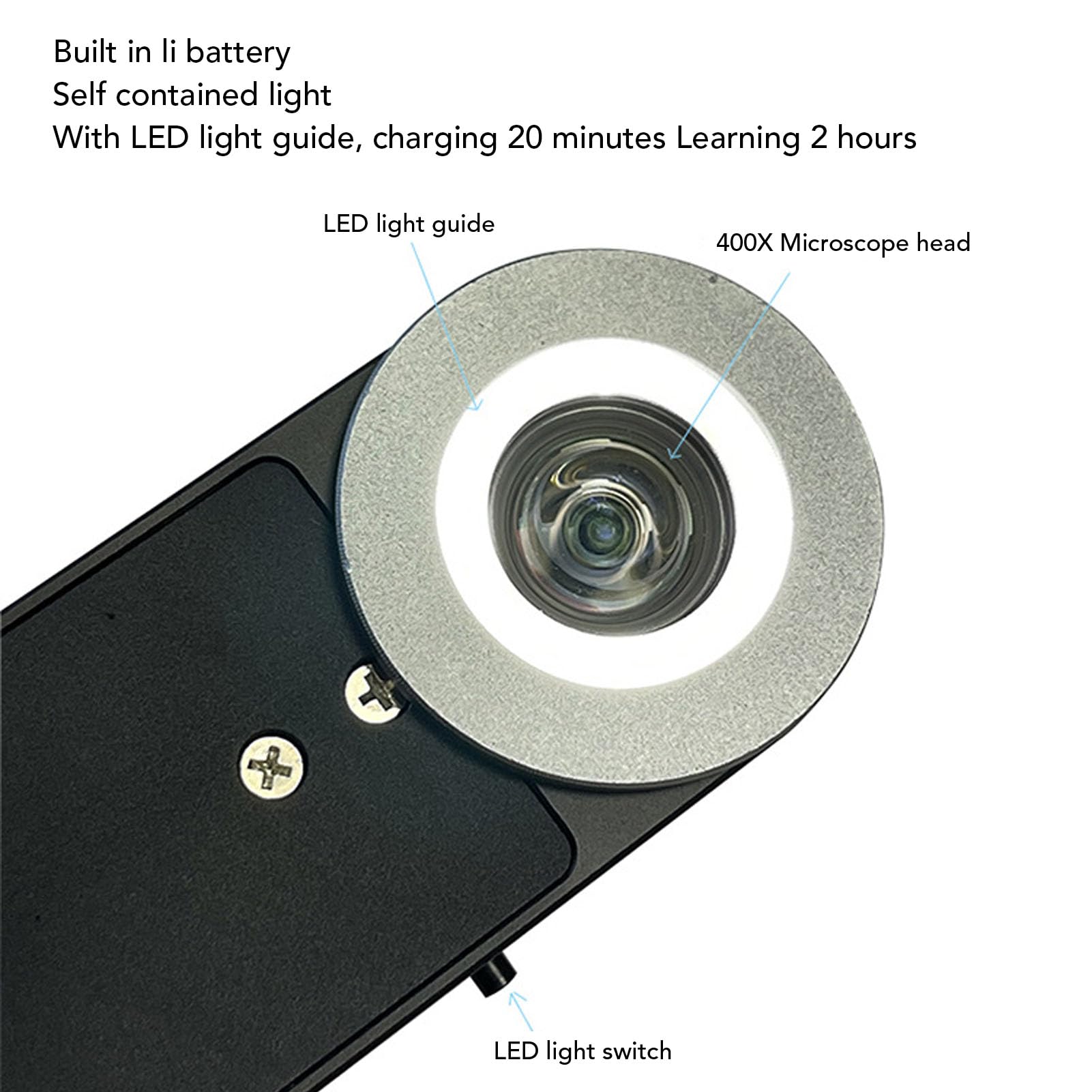 EMUKOEP Lente per Microscopio per Telefono Luce LED Universale Ad Alta Definizione 400X per Elettronica Biologica, Lega di Alluminio