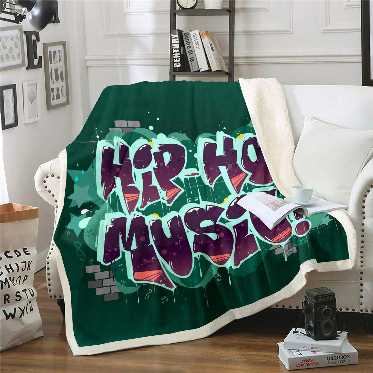 Coperta in pile con musica classica, stile hip-hop, per bambini, ragazzi, ragazze, musica dell'alfabeto, coperta in peluche, coperta musicale per cultura stradale, coperta sfocata per divano letto,