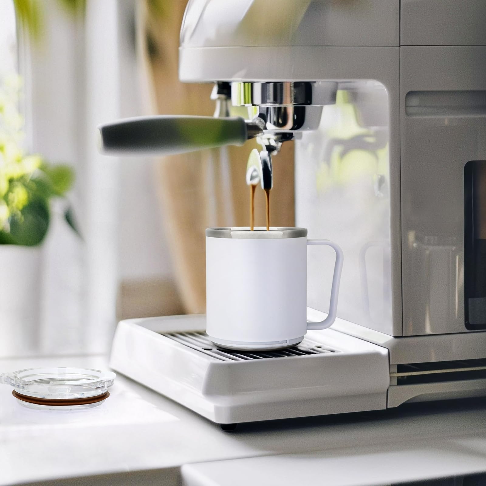 Taza de café de acero inoxidable de 15 onzas con fondo plano y asa, funciona con calentador de café para calentamiento rápido, café, té y leche, accesorios de escritorio de oficina, color 4