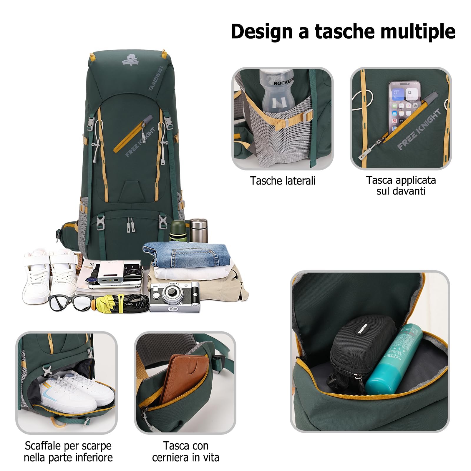 65L Zaino da Trekking Grande Outdoor Impermeabile Zaini Resistente con Copertura per la Pioggia Donna Uomo Backpack per Escursionismo Campeggio Arrampicata Viaggio Blu