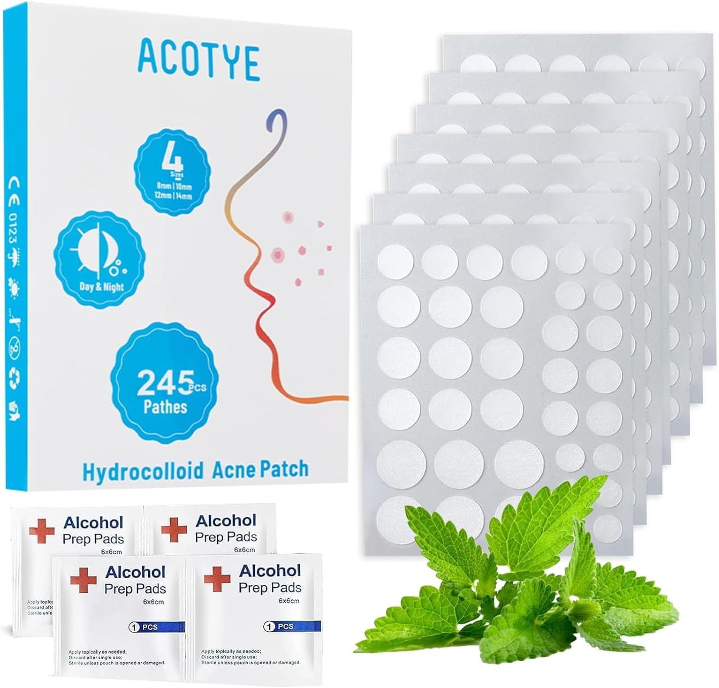 ACOTYE Pimple Patches Spot Patches 245pcs Salicylic Acid, Tea Tree Oil, Day and Night, 4 Sizes for All Skin Types
