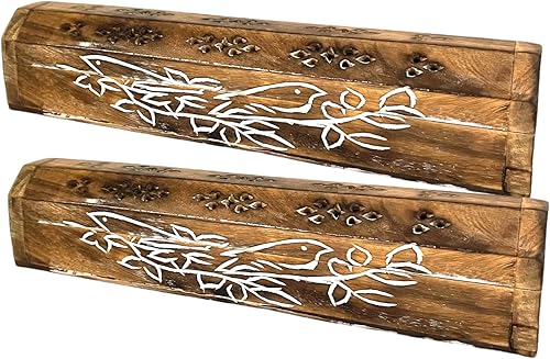 Miniatura 6 de Paquete de 2 quemadores de incienso de madera con forma de ataúd - 12 pulgadas talladas - Compartimento de almacenamiento (pájaro tallado en rama)