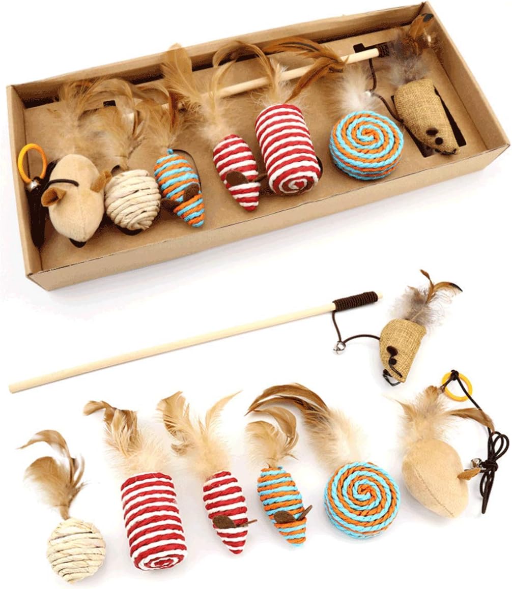 Beauenty 7 pcs Cat Toy Mouse Feather Teaser Stick set Funny Chewing Toy