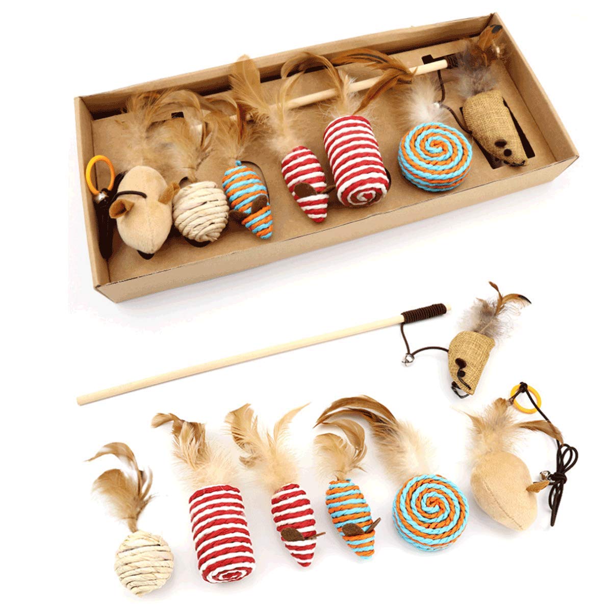 Beauenty 7 pcs Cat Toy Mouse Feather Teaser Stick set Funny Chewing Toy
