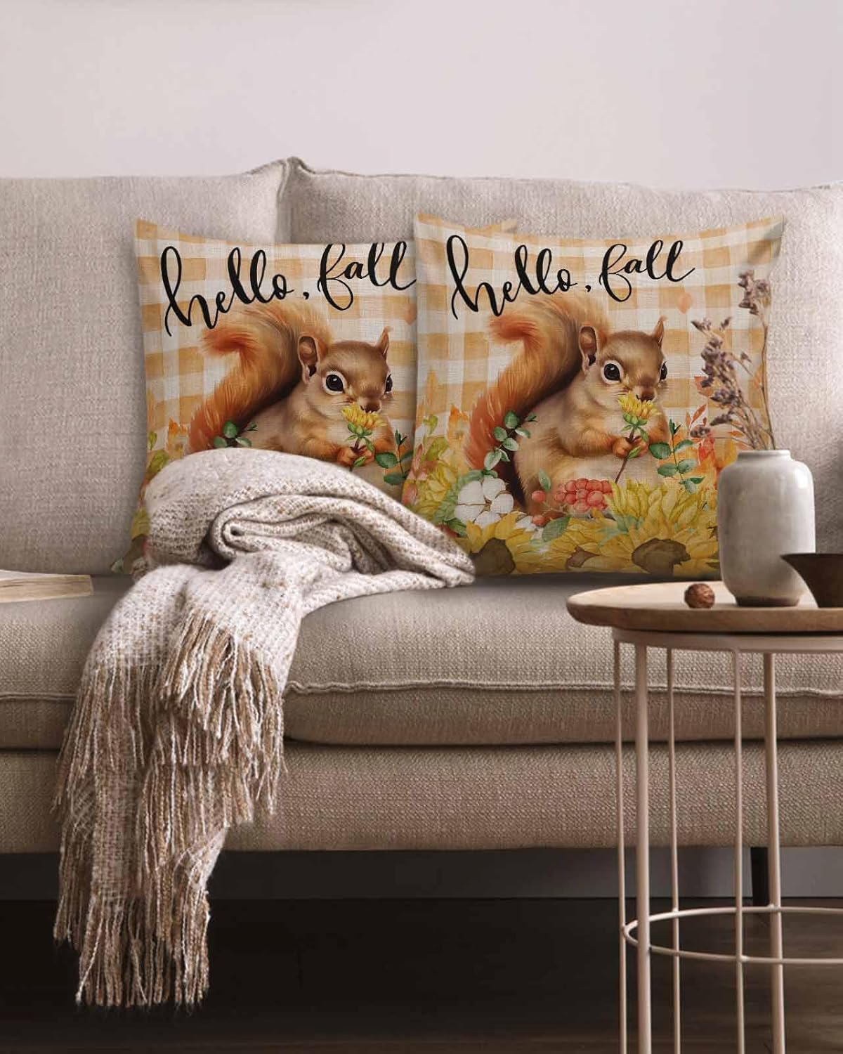 Fall Pillow Covers 18x18 Inch Set of 2, Thanksgiving Decorations Squirrel Sunflower Outdoor Throw Pillow Covers, Plaid Leaf Autumn Holiday Square Pillowcases for Patio Sofa Couch Bedroom Decorative