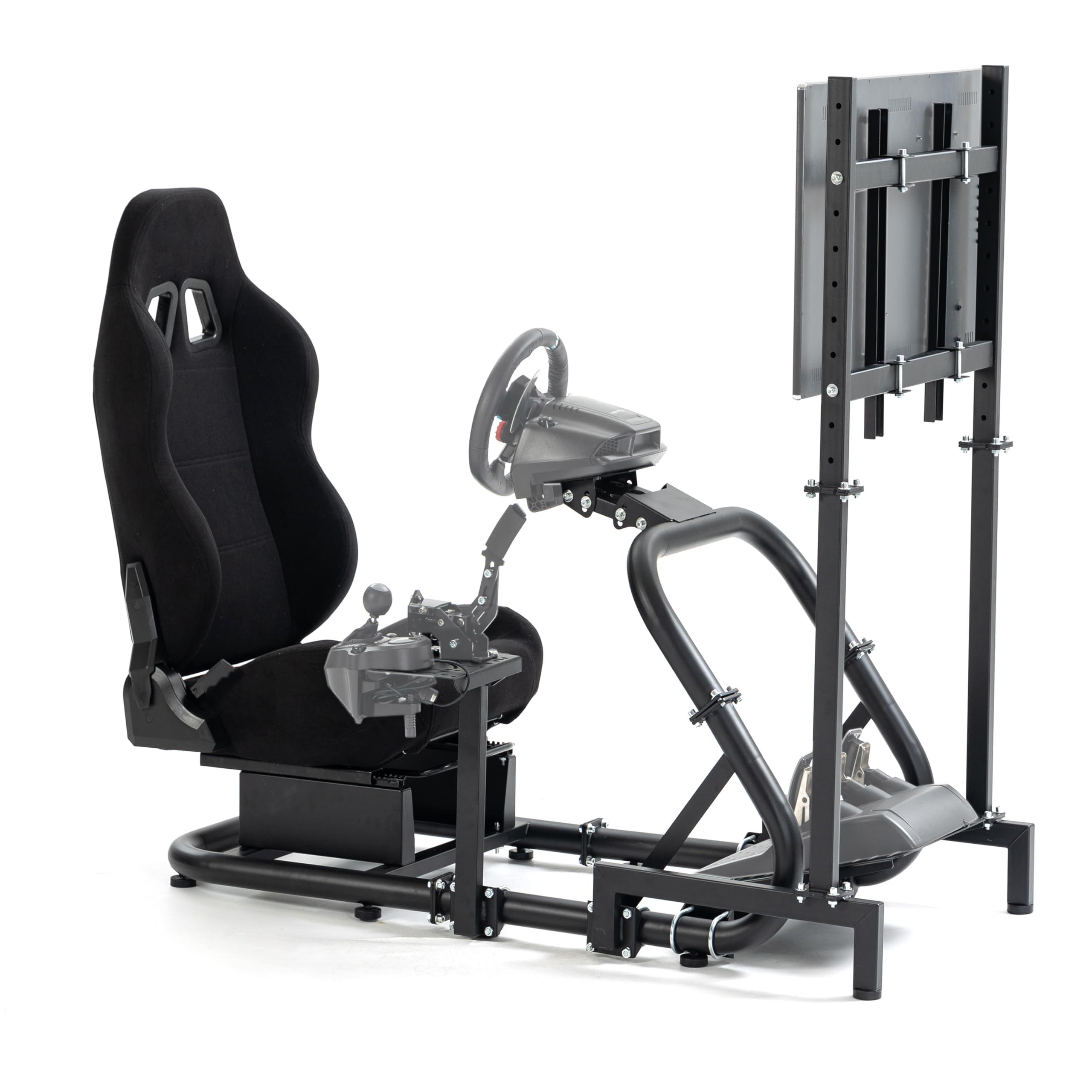 Minneer Immersive Racing Simulator Cockpit with Black Seat & TV Stand Fit for Logitech/Thrustmaster/Fanatec G29 G920 T248,Steering Wheel Stand,Not Included Wheel,Pedal & Handbrake