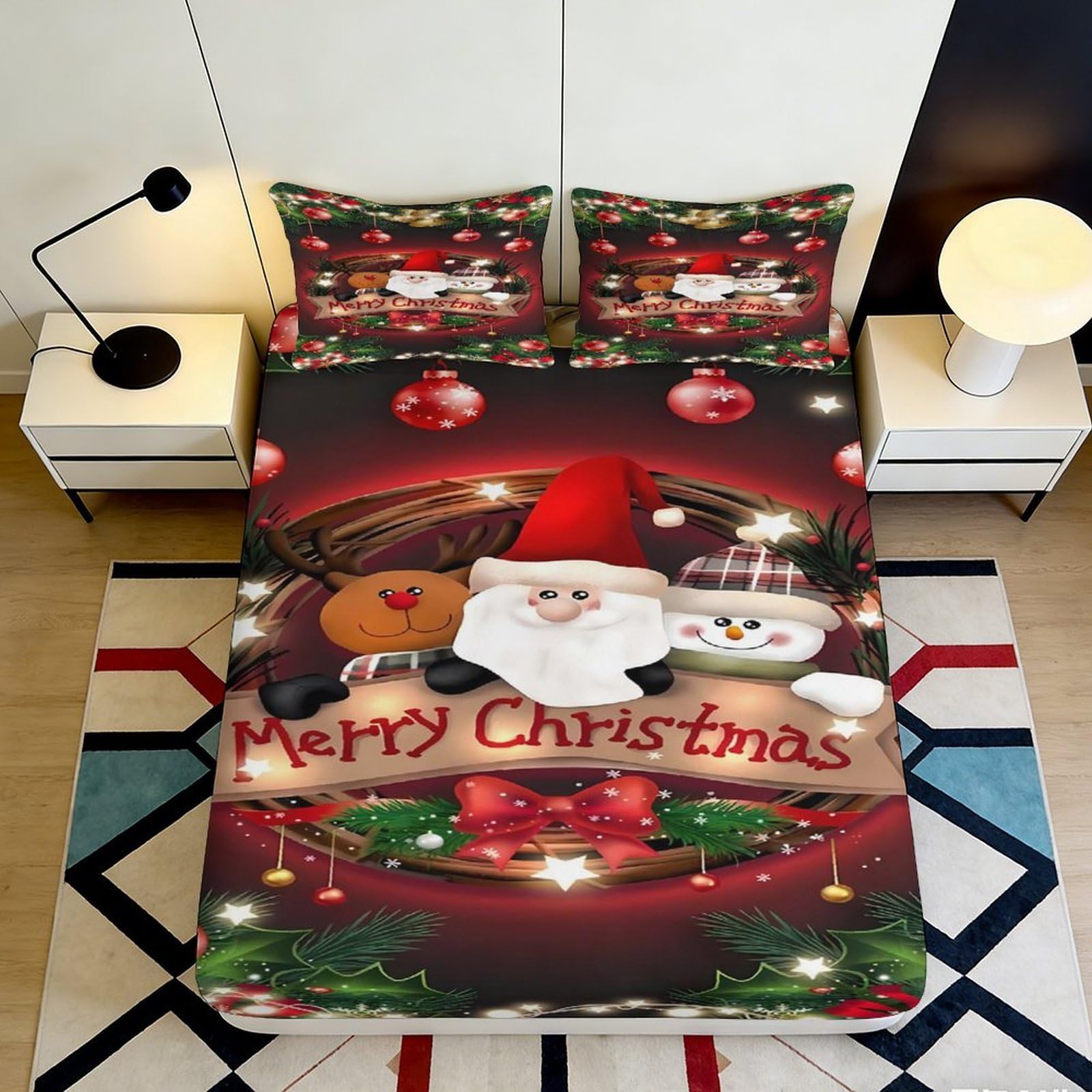 3D Printed Christmas Santa Fitted Sheet Microfiber Soft Breathable Holiday Bed Cover with Reindeer Snowman Design for Bedroom Dormitory Guest Room 180x200x25cm