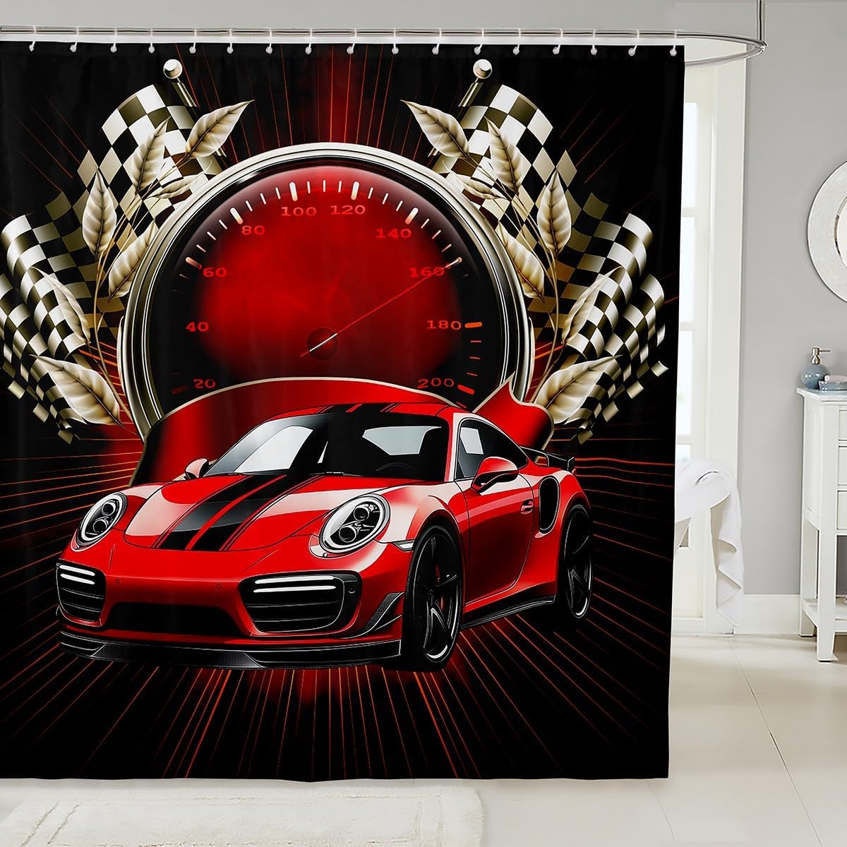 Red Race Car Shower Curtain for Boys Teens,Modern Racing Car Bathroom Curtain 72x78 inch,Speed Sports Car Bath Curtain,Gradient Neon Ombre Racing Flag Waterproof Shower Curtain Home Stalls Decor