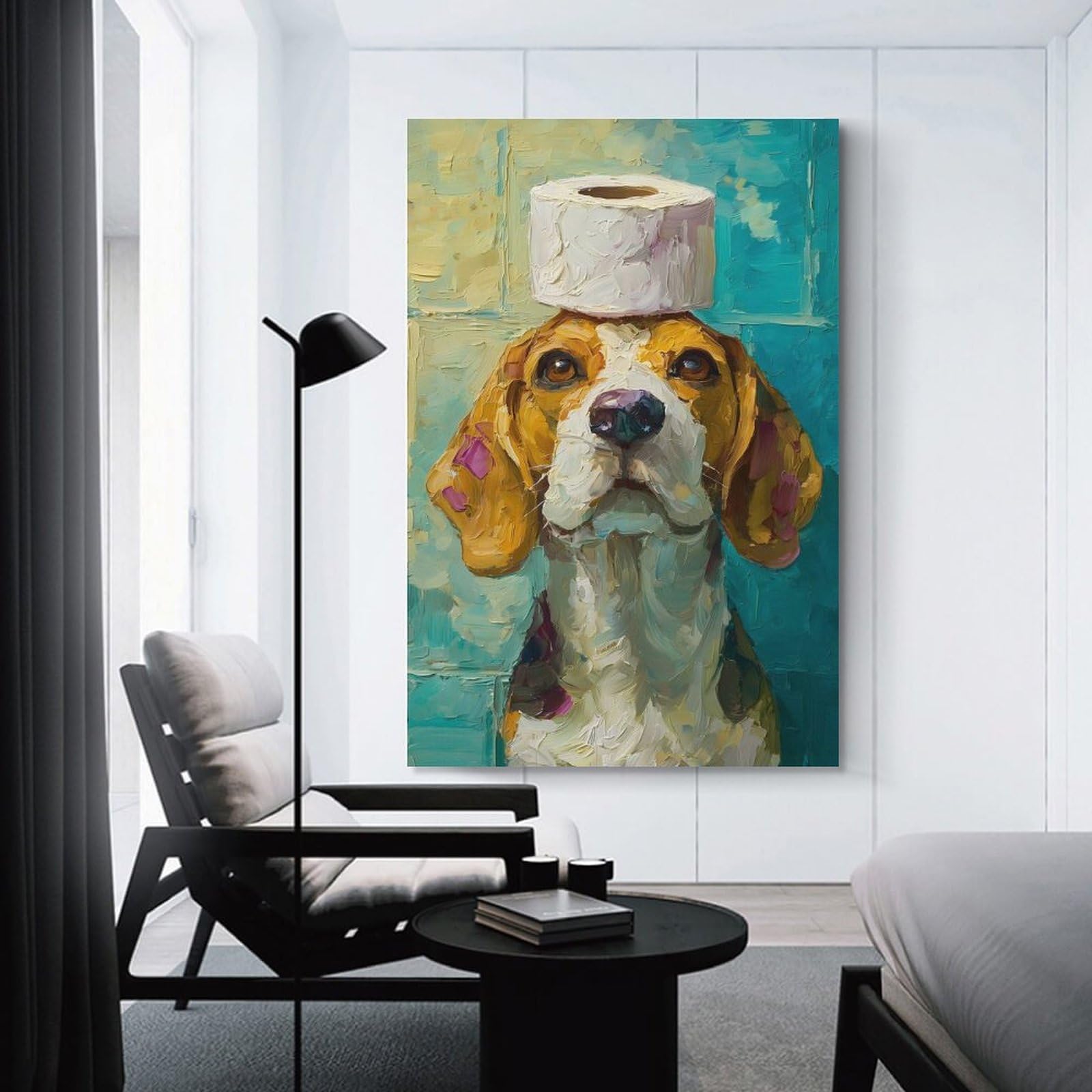 Junmoney Beagle with Toilet Paper Crown Canvas Art Print 24x36inch(60x90cm), for Gallery Wall Layouts in Home Or Office, Decorative Artwork with Flexible Styling