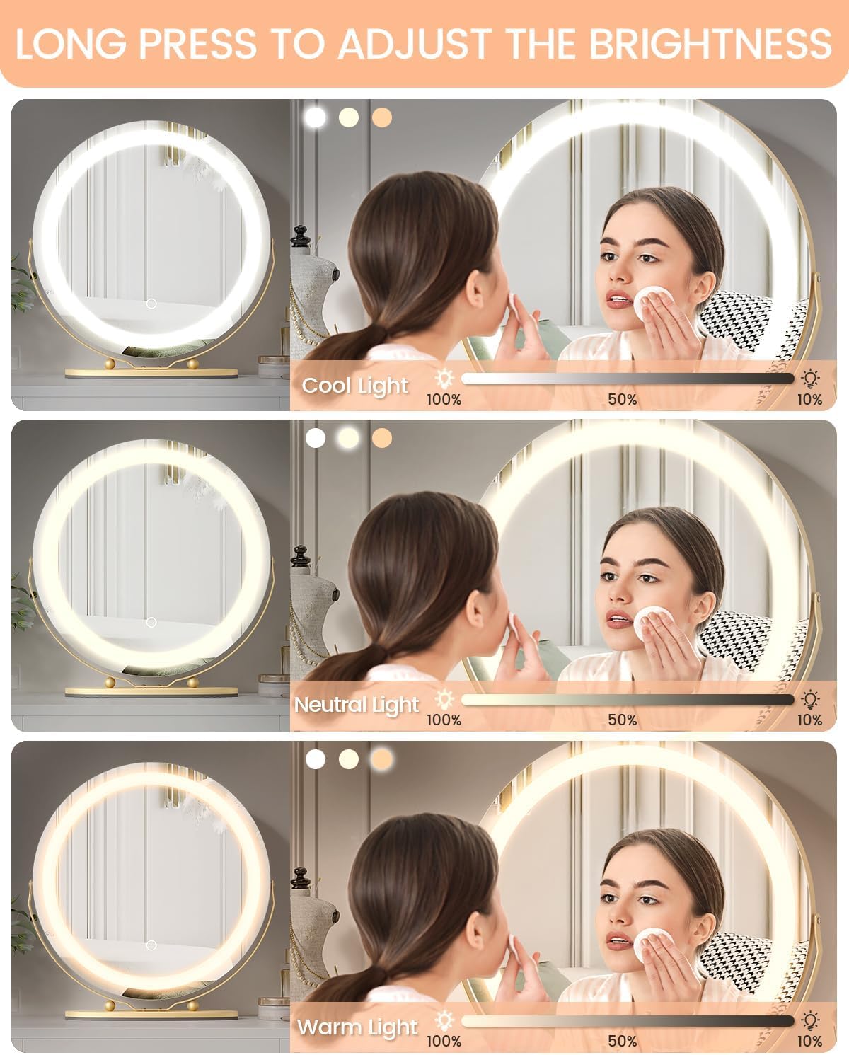 IDEALHOUSE 19 inch Makeup Mirror with Lights, Vanity Mirror with Smart Touch Control 3 Colors Dimmable Lights, 360°Rotation Gold Vanity Mirror for Bedroom, Tabletop and Desk Mirror