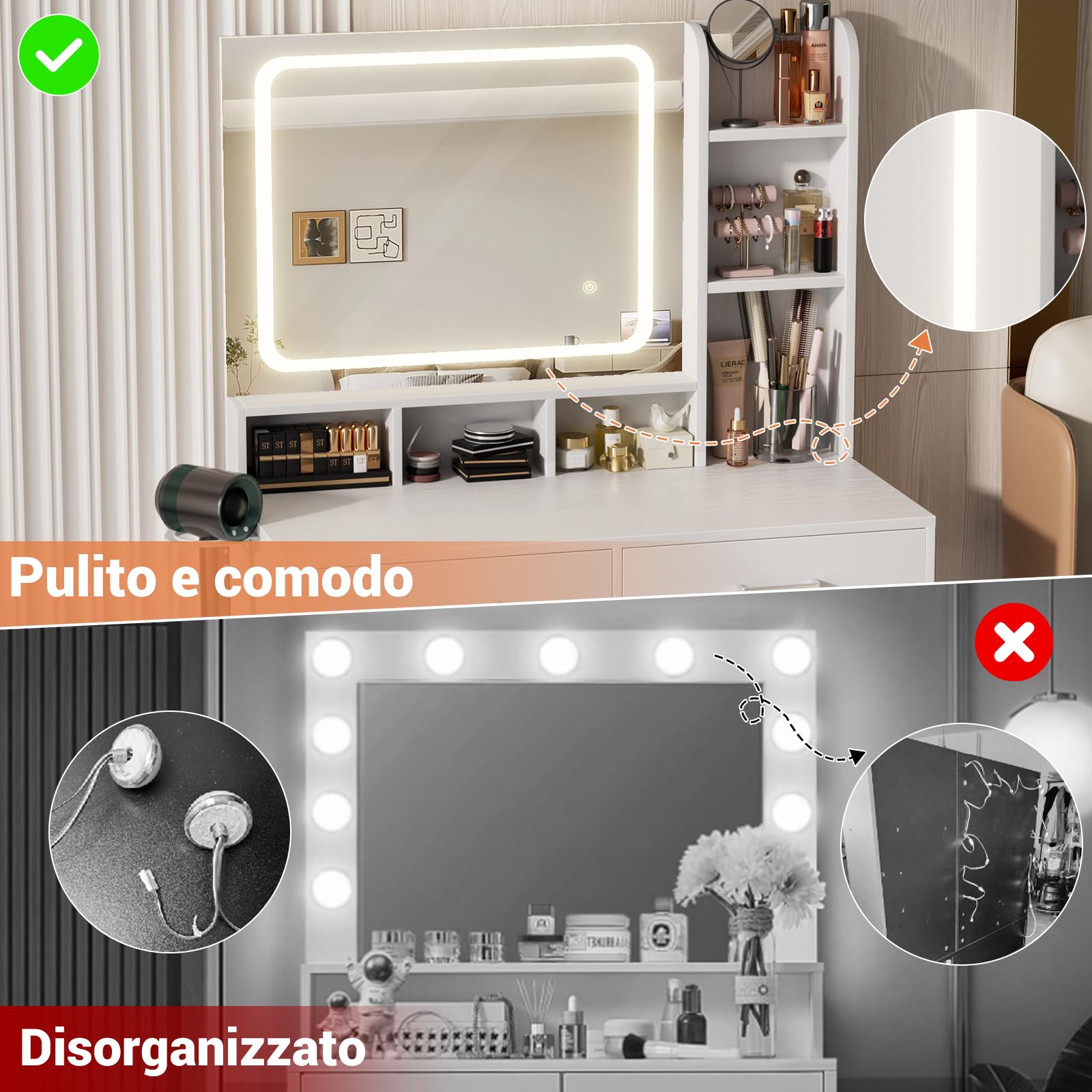 iSunirm Moderno Toeletta da Trucco con Specchio e Luce LED,Toeletta con 2 Cassetti e 1 Scaffali,Tavolo da Toeletta con Presa Elettrica,Adatto per Camera da Letto e Soggiorno,Bianco