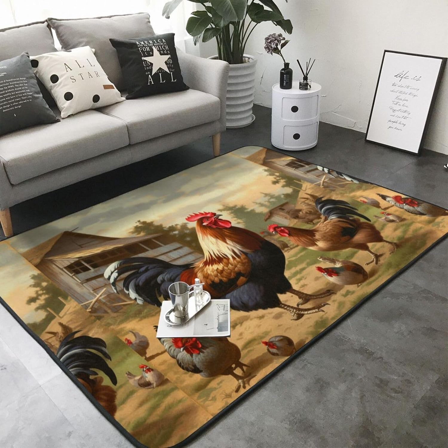 Flannel Non-Slip (Farm Print Chicken and Rooster) Rug Pad 80×50in Soft Washable Protective for Hardwood Floors Bedroom Bathroom Living Room