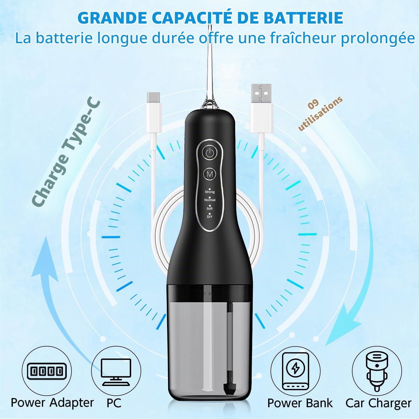 Jet Dentaire Hydropulseur Portable, Irrigateur Oral Sans Fil 4 Modes et 4 Buses, Réservoir 300ML, USB Chargé, Étanche IPX6, Convient Gencive Sensible