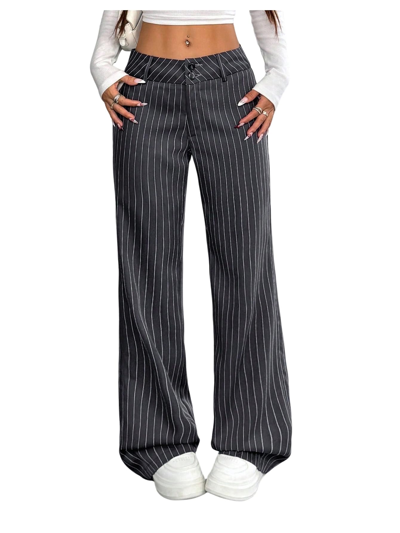 GORGLITTER Womens Striped Baggy Dress Pants Low Rise Wide Leg Work Office Trousers Business Casual Outfits
