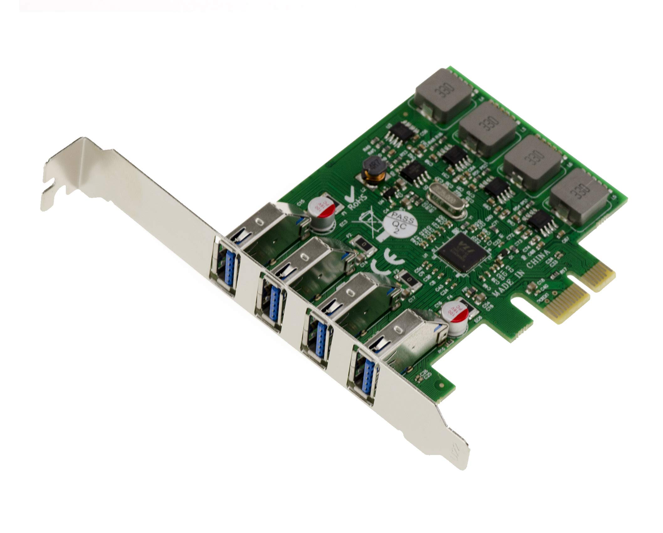 KALEA-INFORMATIQUE PCI EXPRESS PCIe to USB 3.0 controller card 4 horizontal USB3 TYPE A ports, with Via VLI VL805 chipset. Low and high profile brackets. Self-powered. HIGH POWER 8A.