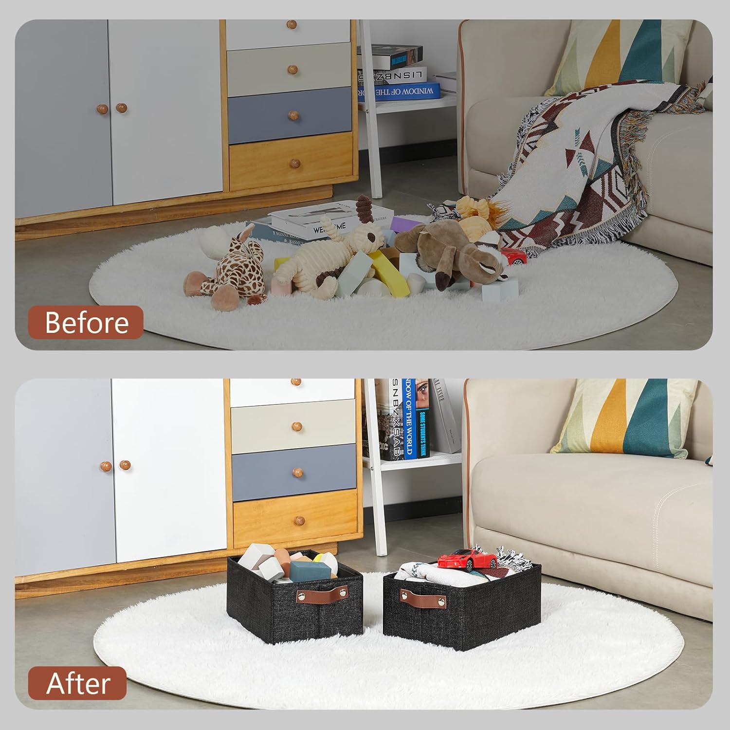 HNZIGE Fabric Decorative Organizers - 6 PCS Foldable Storage Bins with Handles for Closet Shelves (Black, 11.8 x 7.8 x 5.1)