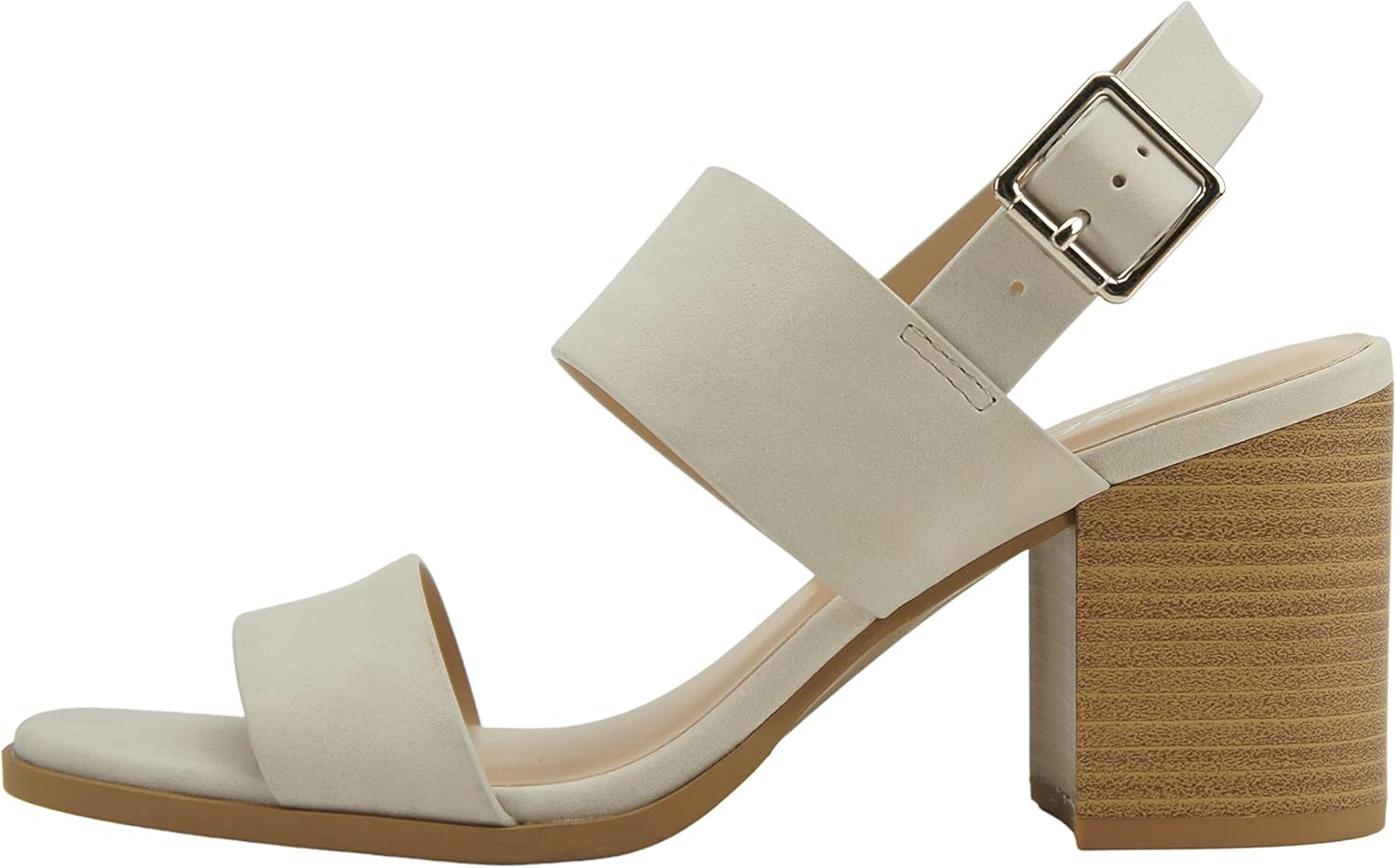 Soda SPACE Women Chunky Mid Height Block Heel Two Straps Open Toe Ankle Strap Buckle Fashion Sandals (7.5, LT STONE, numeric_7_point_5)