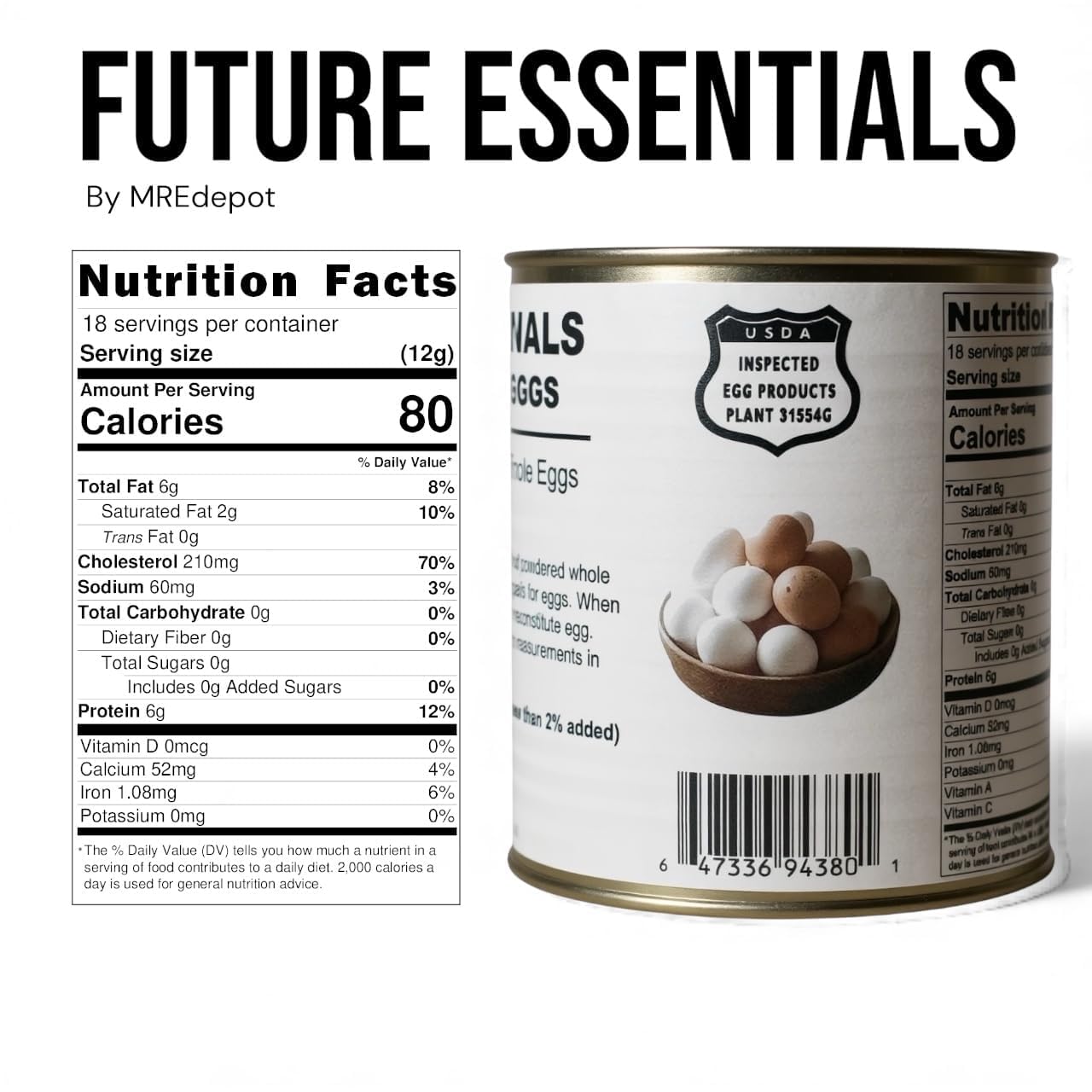 Future Essentials - Uova intere in polvere, 6 lattine (misura 2,5, 226,8 g ciascuna), forniture da forno, pasti da campeggio, cibo di sopravvivenza, 10 anni di durata a lungo termine, fornitura di