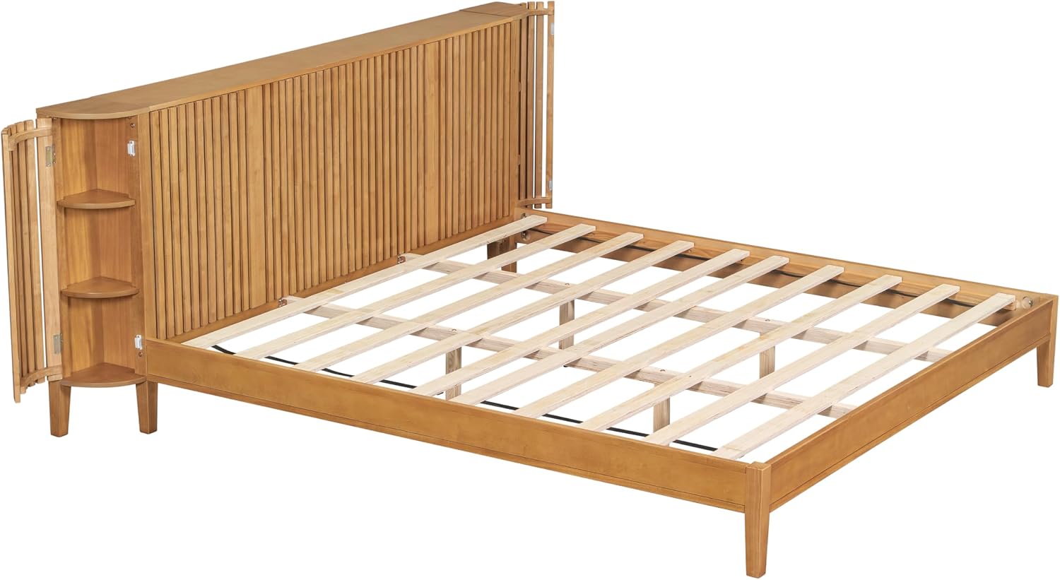 Christopher Knight Home Renata King Size Bed Frame with Grace Slat Headboard, Platform Bed with Side Cabinets, Wood Bed Frame, Solid and Stable Bedframe, No Box Spring Needed, Noise Free, Natural
