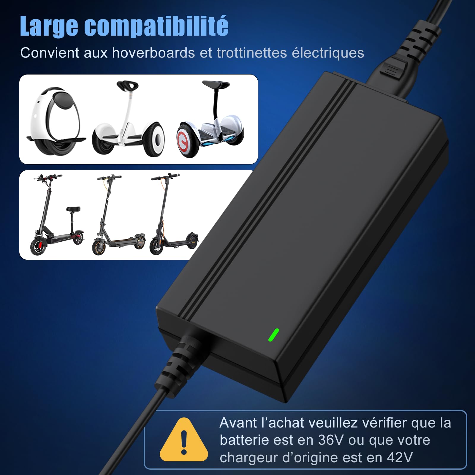 Chargeur Trottinette Électrique 42V 2A avec 6 Connecteurs, Chargeur Scooter 36V, Câble de Charge Universel Hoverboard pour Xiaomi M365/1S/Pro/Pro2, Ninebot ES1/ES2/ES3/ES4, Vélo Électrique