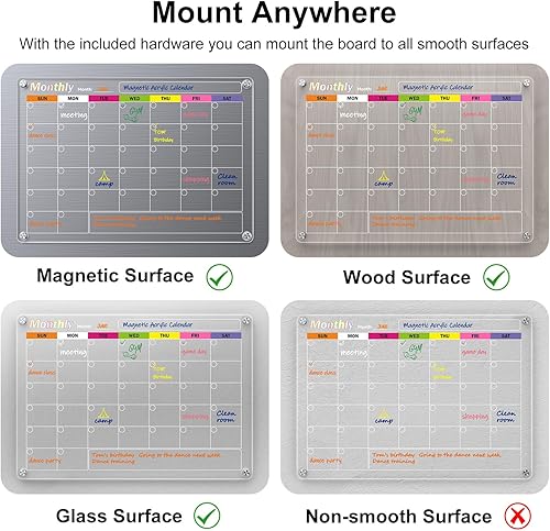 Miniatura 3 de Calendario magnético acrílico para nevera, notas mensuales y en blanco, tablero de borrado en seco, juego de pizarras para refrigerador, vidrio,