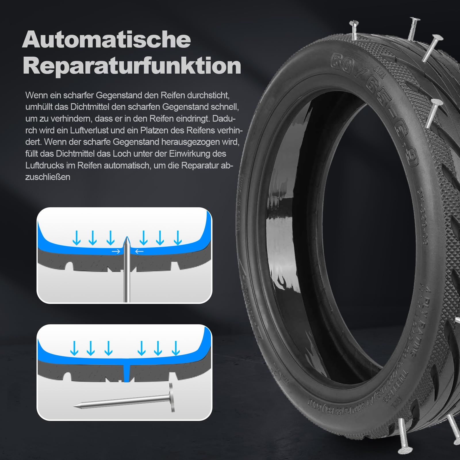 60/65-6,9 Tubeless Reifen mit Ventil für Ninebot Max G2/G2D/G2E/G65/F3/F3 Pro Hinten Scooter 10'' Ersatzräder Hochelastische Ersatz Reifen mit Live-Kleber Reparierbar Pannensicher (1 Stück)