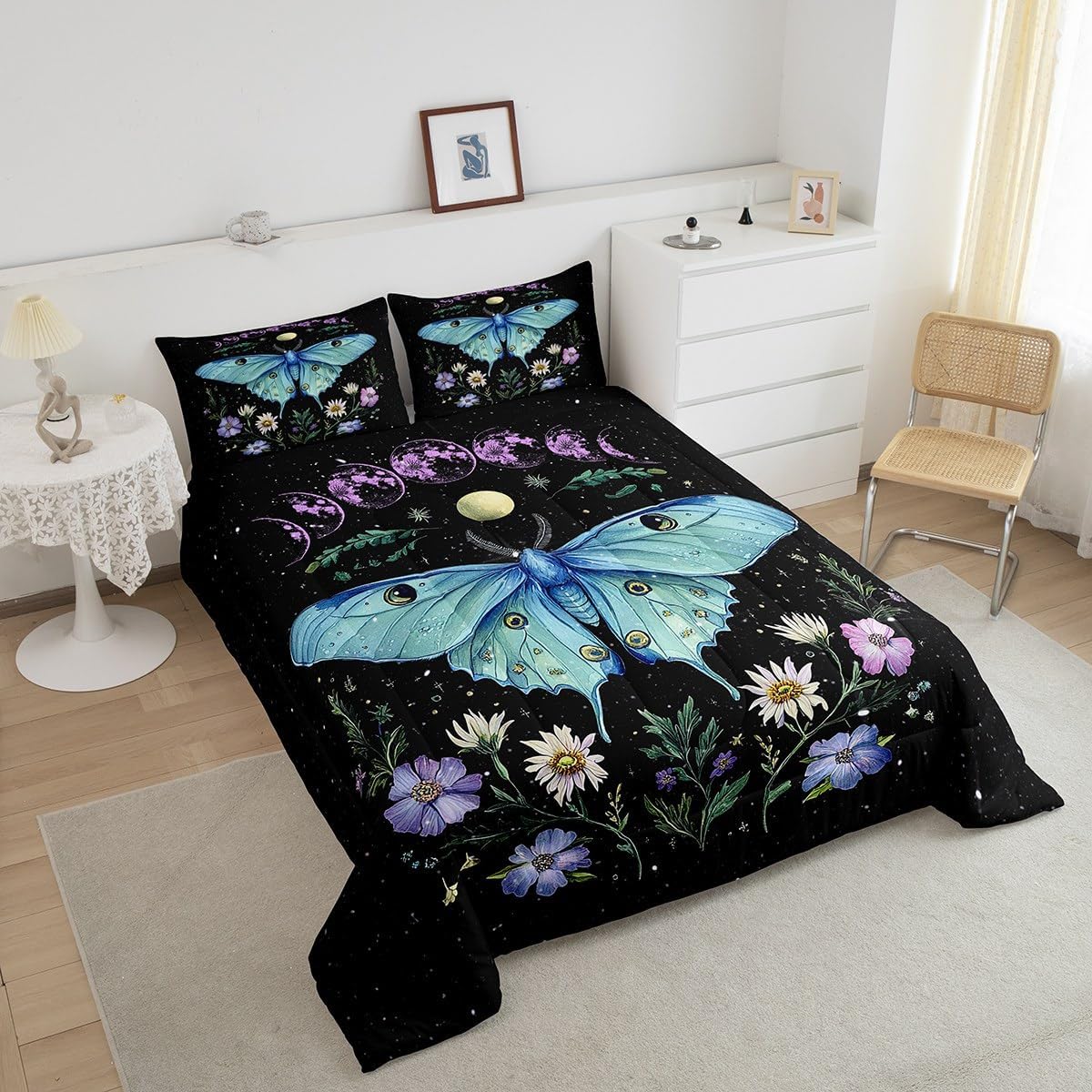 Feelyou Death Moth Comforter Set Twin Size Kids Gothic Comforter for Boys Teens Sun Moon Bedding Set Breathable Boho Moth Duvet Set Room Decor Botanical Floral Printed Quilt Set