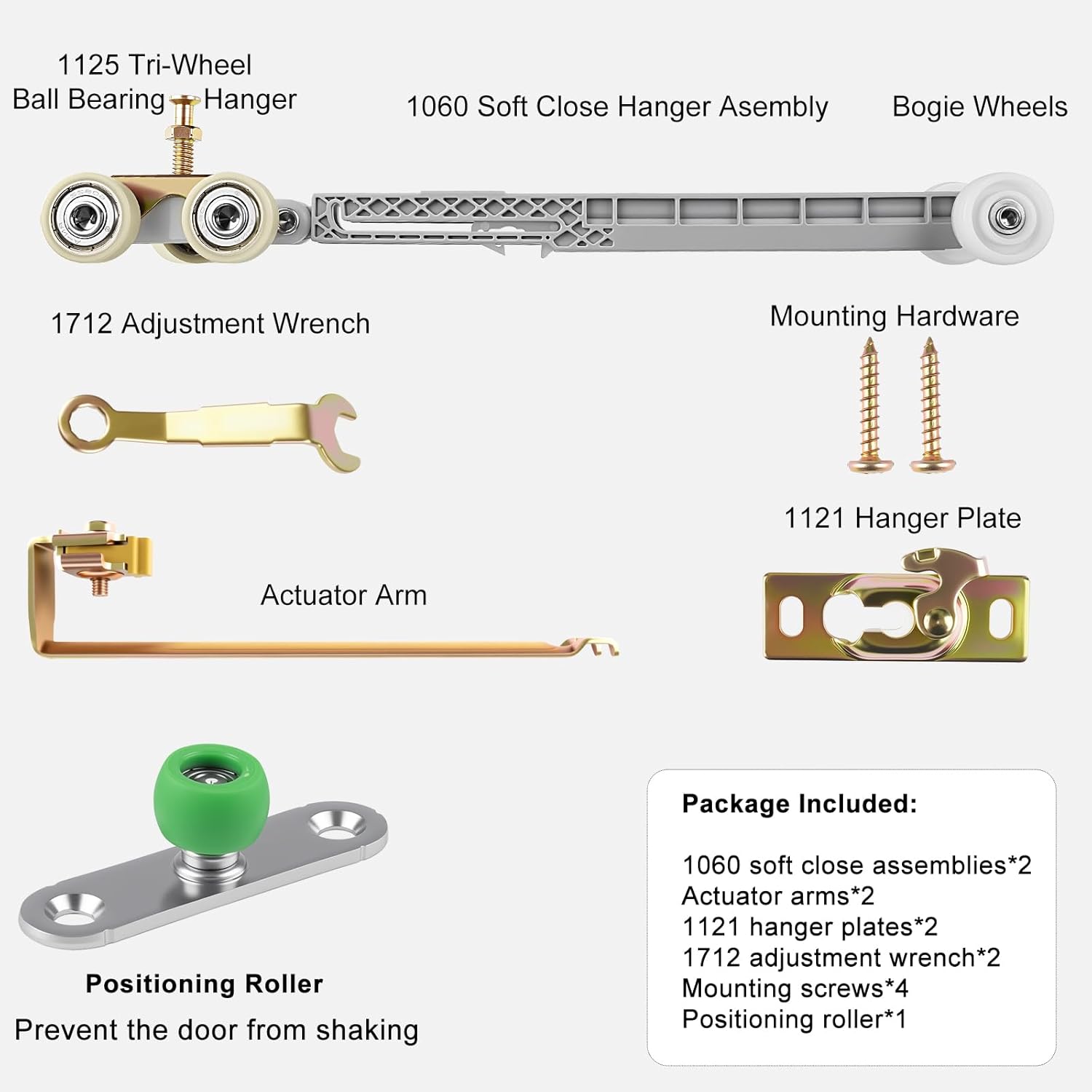 Pocket Door Soft Close Top Hanger Assemblies Fit for Johnson P/N #1060 & #1062, Sliding door roller Works with 100, 134F, 138F, 2610F Series Track, 1" Nylon Ball Bearing Tri-Wheel, Bi-Direction (2PCS)