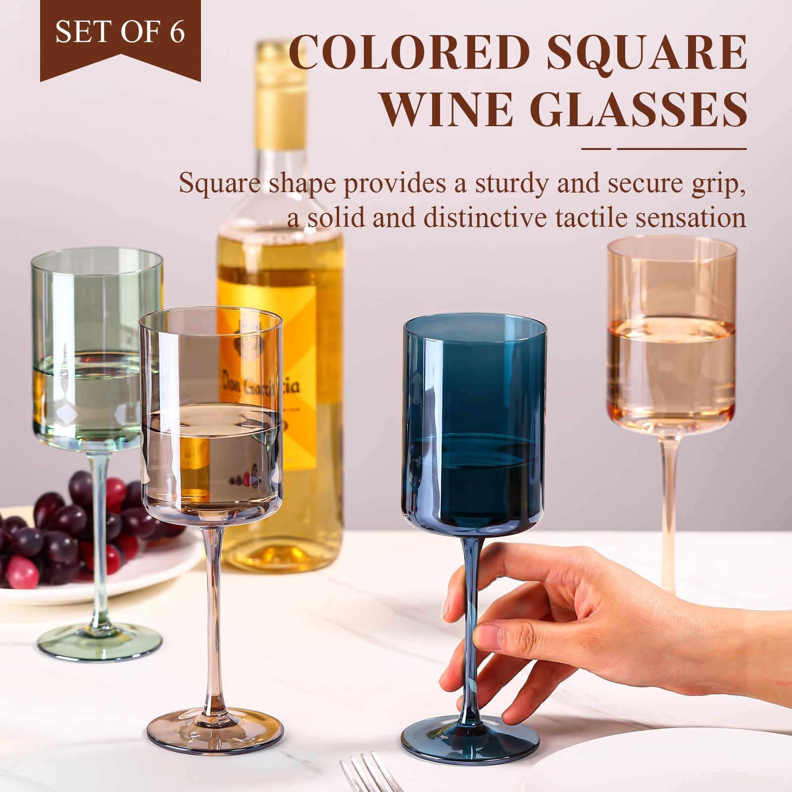 Juego de 6 copas de vino de colores elegantes personalizadas, copas de vino cuadradas sin plomo, cristal de alta calidad saludable y seguro, copas de vino de cristal sopladas a mano