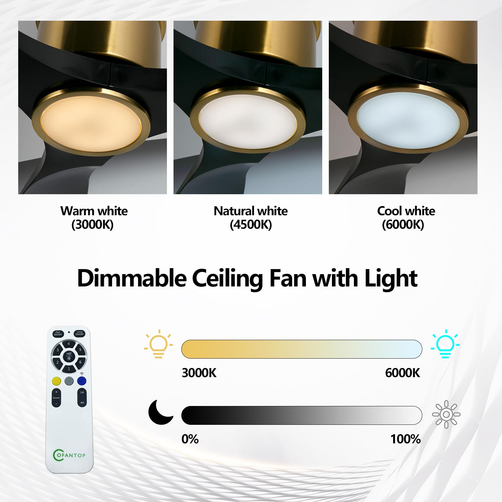 OFANTOP 132 cm Schwarz und Gold Flächenbündiger Deckenventilator | mit Beleuchtung dimmbarem LED 24W Leiser DC-Motor, Fernbedienung mit Memory-Funktion, Timer