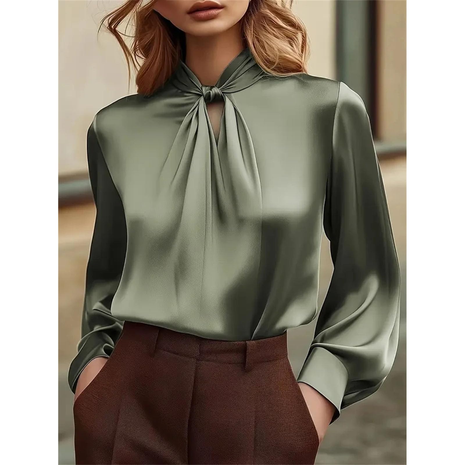 Camisa de manga larga plisada hueca para mujer, diseño elegante, versátil y elegante, para uso diario y de oficina