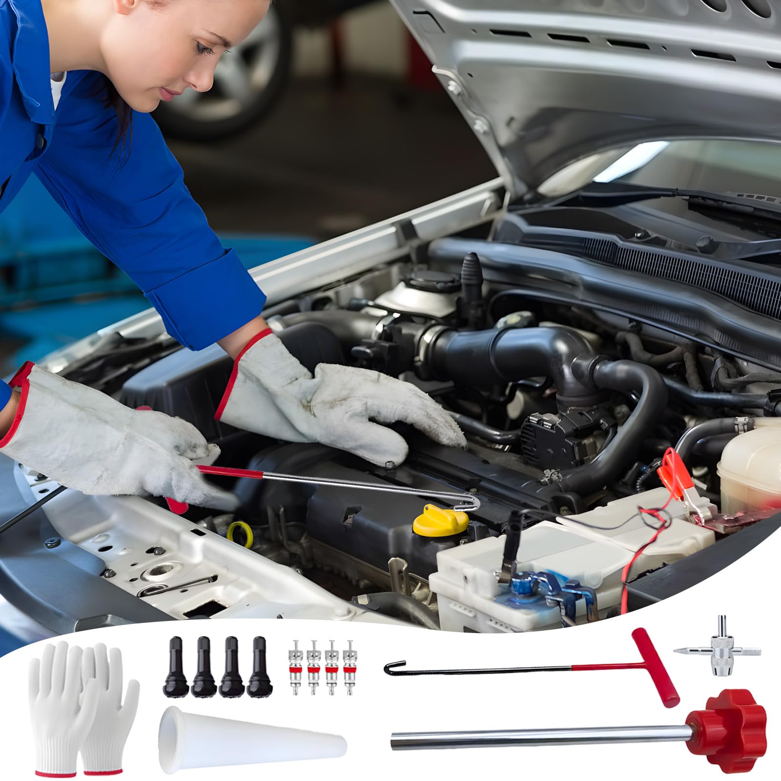 Set di Attrezzi per Valvole Pneumatici, Set di Attrezzi per l'installazione Della Valvola, Estrattore Stelo, Attrezzo per Ganci, Attrezzi Ausiliari e Guanti, per Auto, Camion