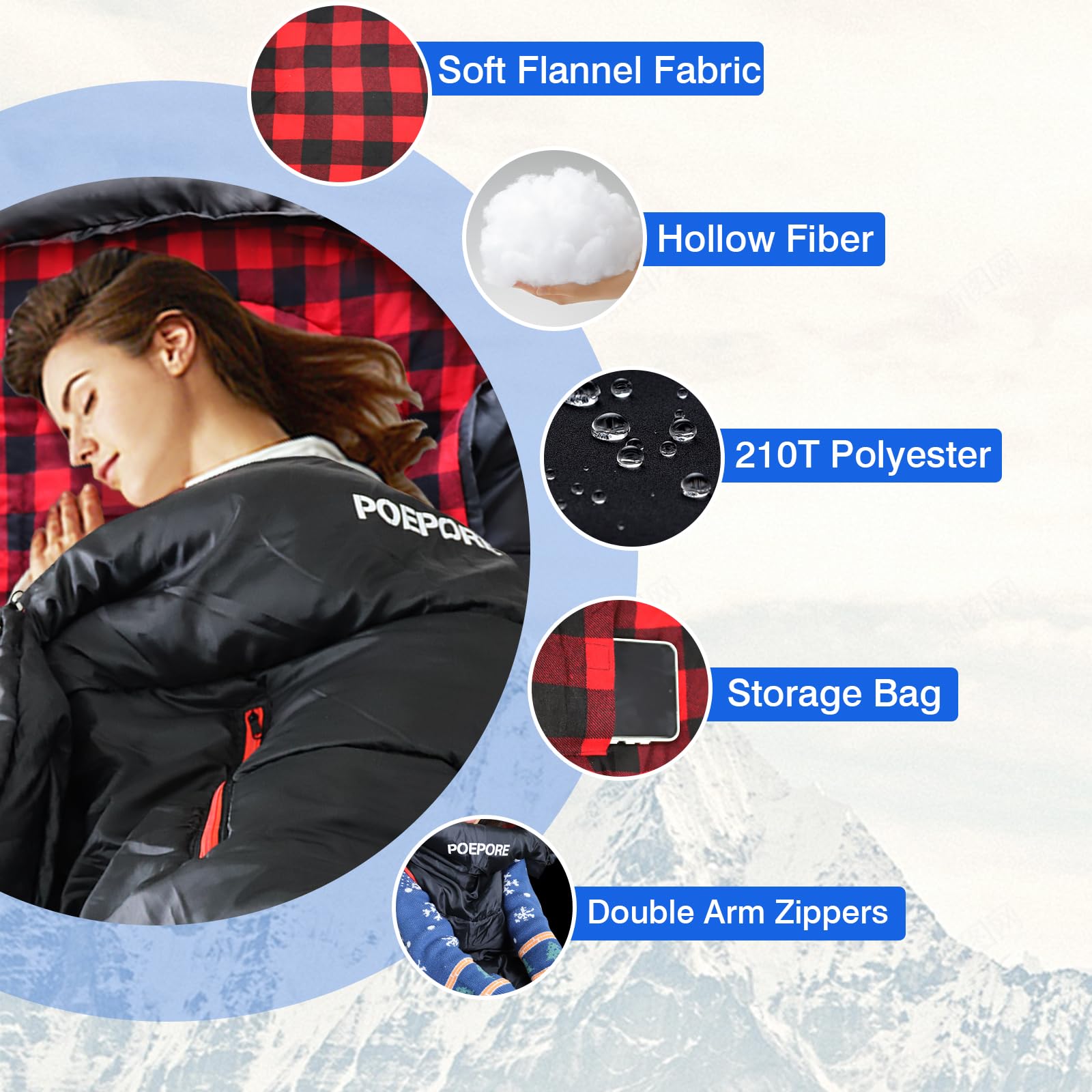 Saco de dormir de franela de algodón de 0 grados para clima frío para adultos, XXL, saco de dormir portátil para 4 estaciones, impermeable, con saco de compresión