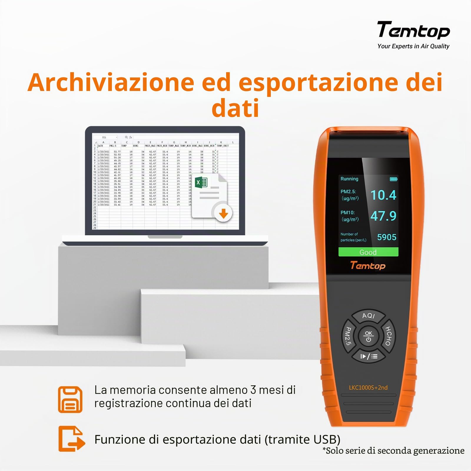 Temtop Misuratore di Qualità dell'aria Rilevatore Formaldeide Semi-Professionale : HCHO PM2.5PM10 TVOC AQI Temperatura e Umidità con Esportazione Dati per Interni Esterni, LKC-1000S+2ND