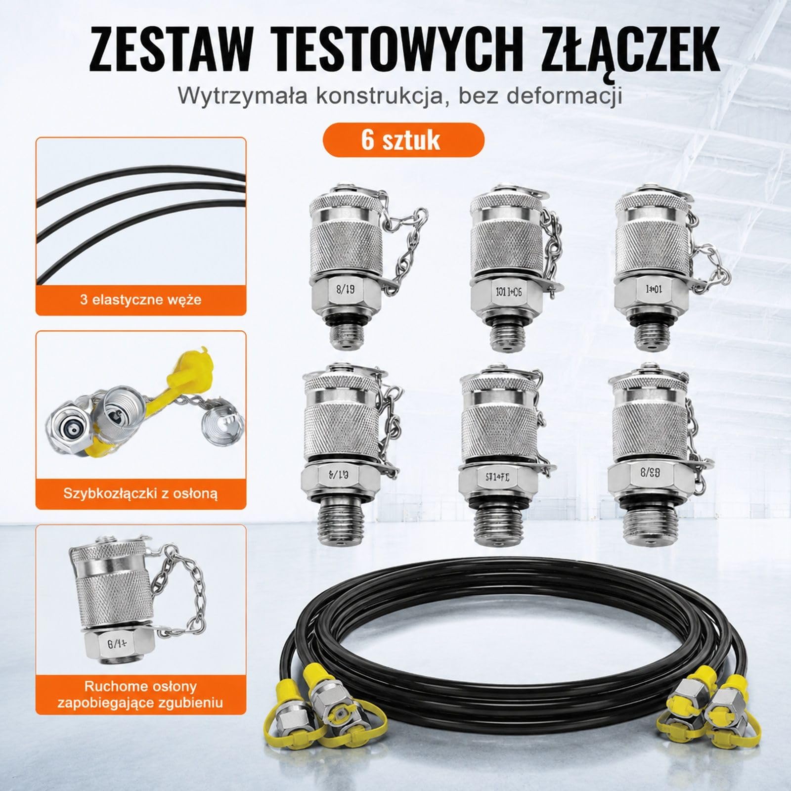 Zestaw do pomiaru ciśnienia hydraulicznego 250/400/600 bar, 3 manometry, 6 złączy, 3 węże, torba do koparek, ciągników, maszyn budowlanych